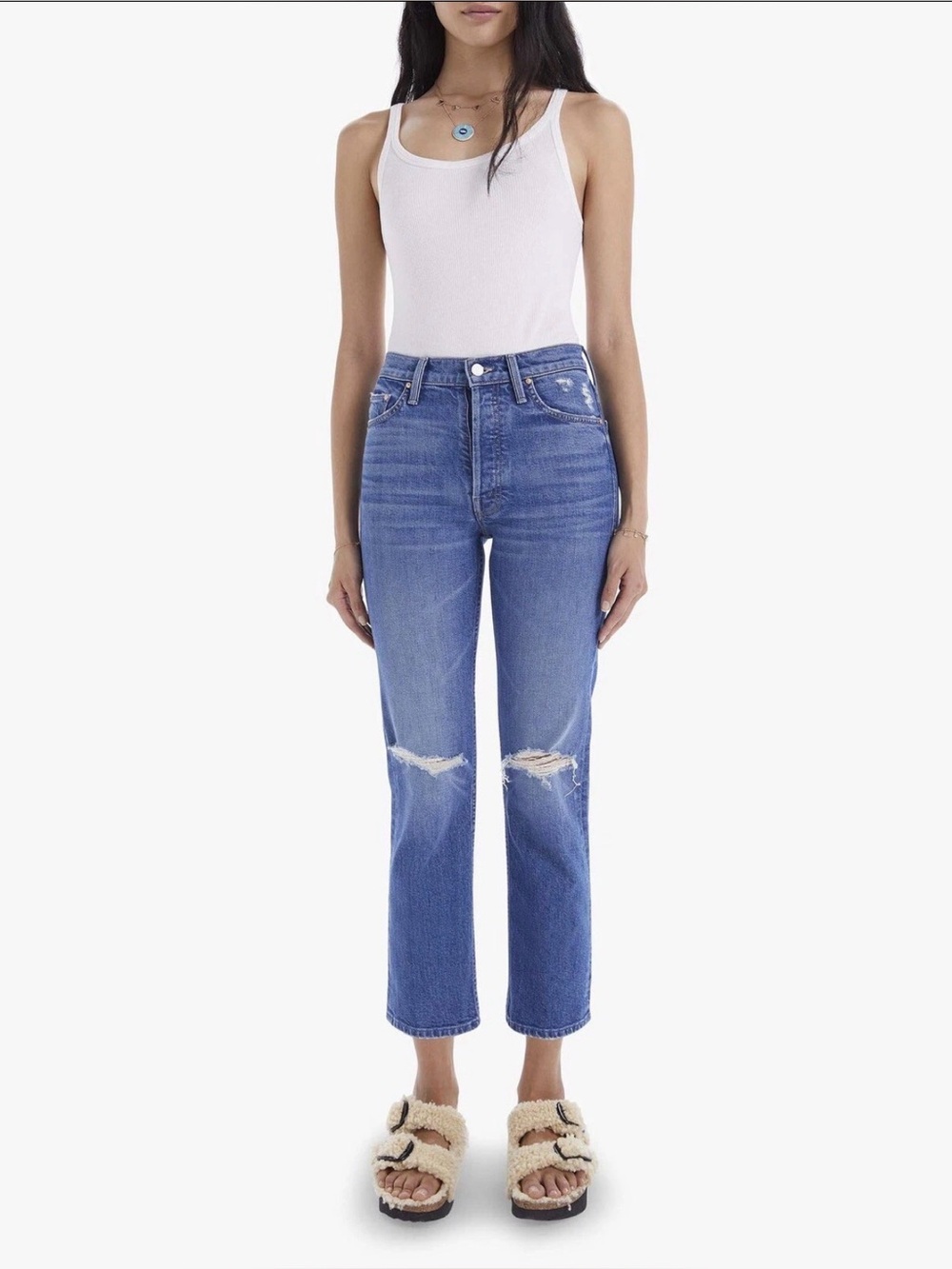 MOTHER Women's The Tomcat Straight Leg Distressed Dark Blue Jeans